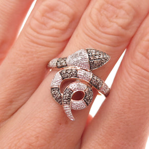 925 Sterling Silver Gold Plated Black Rhodium Real Diamond Snake Ring Size 7
