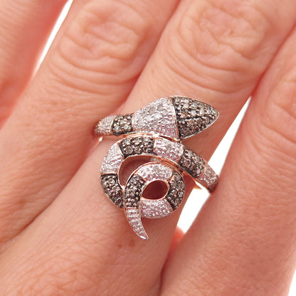 925 Sterling Silver Gold Plated Black Rhodium Real Diamond Snake Ring Size 7