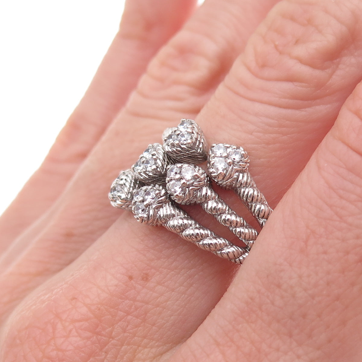 Judith Ripka 925 Sterling Silver C Z Heart 3-Row Adjustable Ring Size 7.75