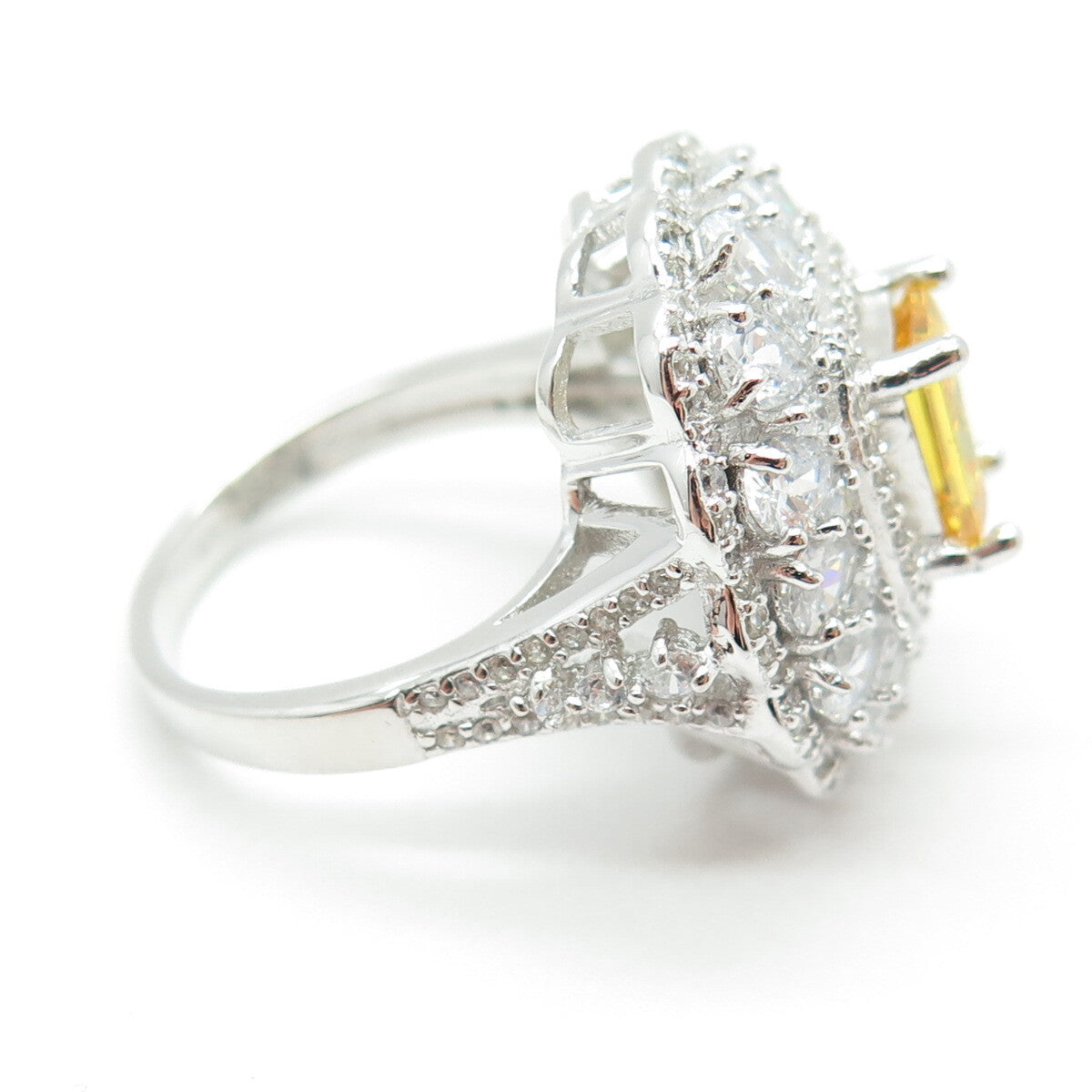 925 Sterling Silver Nano Citrine & Multi-Cut C Z Ring Size 8
