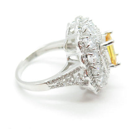 925 Sterling Silver Nano Citrine & Multi-Cut C Z Ring Size 8