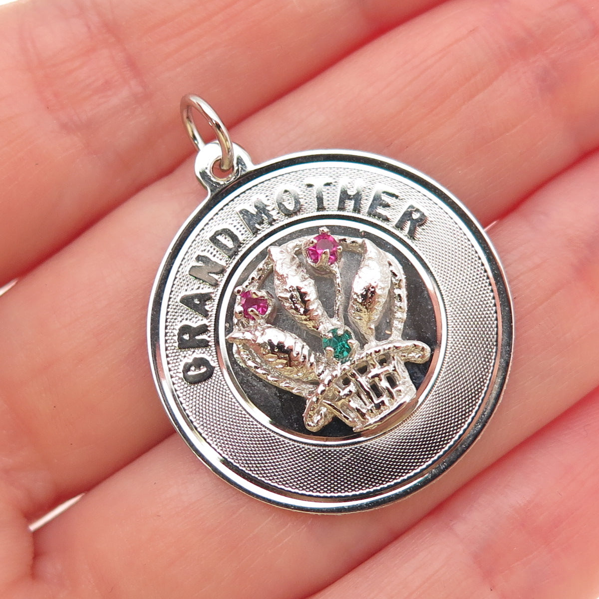 925 Sterling Silver Vintage Rhinestone Grand Mother Flower Charm Pendant