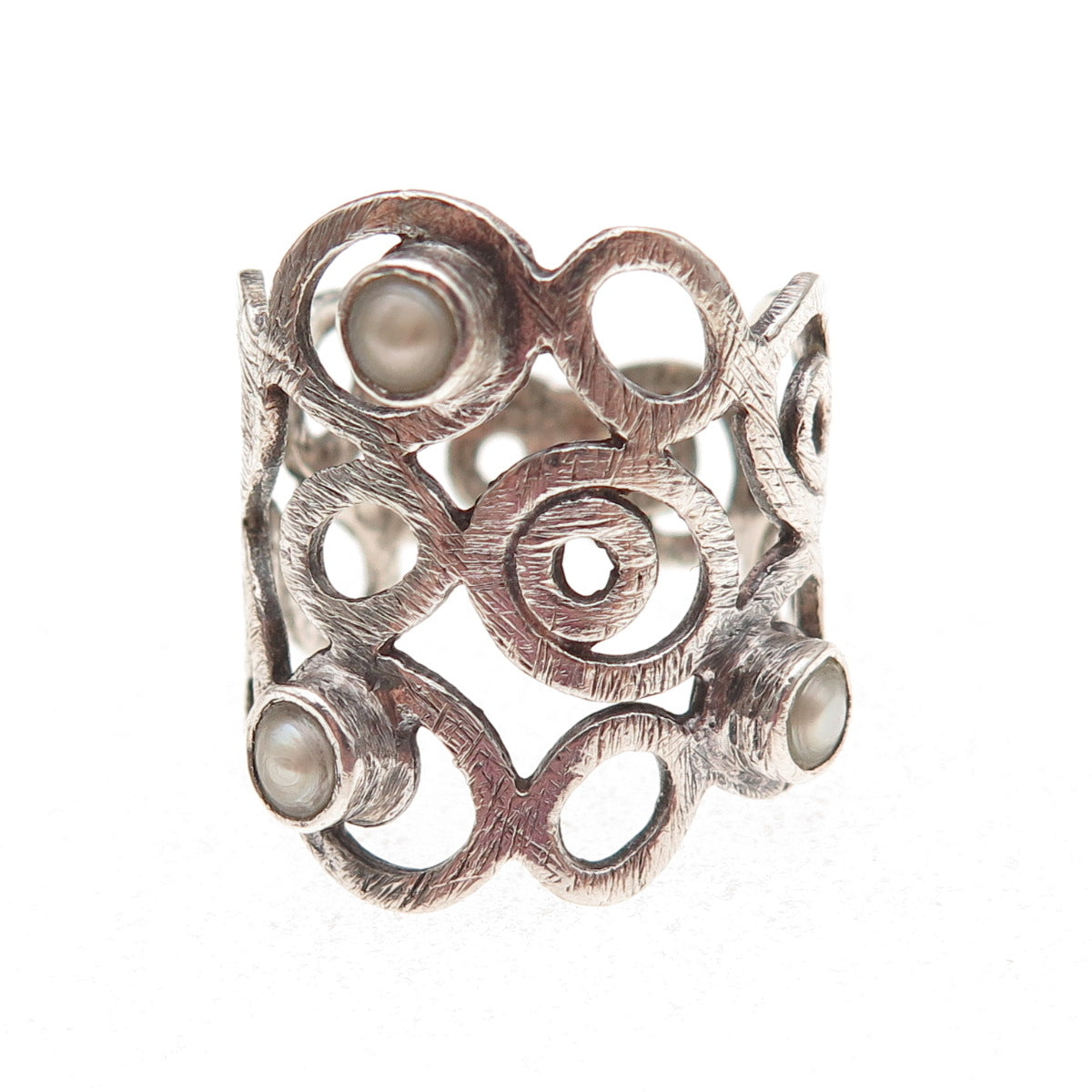 925 Sterling Silver Vintage Real Pearl Modernist Swirl Oxidized Ring Size 7.5