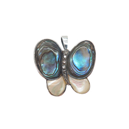 925 Sterling Silver Vintage Real Abalone Shell MOP C Z Butterfly Brooch Pendant
