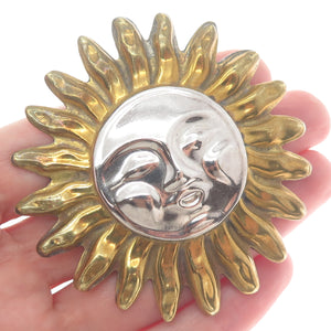925 Sterling Silver 2-Tone Vintage Mexico Sun Face Pin Brooch / Pendant