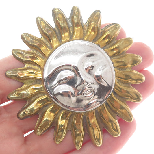 925 Sterling Silver 2-Tone Vintage Mexico Sun Face Pin Brooch / Pendant