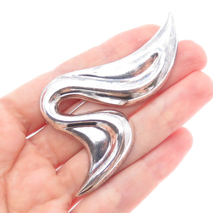 925 Sterling Silver Vintage Modernist Wavy Oxidized Pin Brooch
