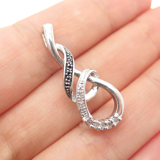 925 Sterling Silver Real Round-Cut Black & White Diamond Twisted Charm Pendant