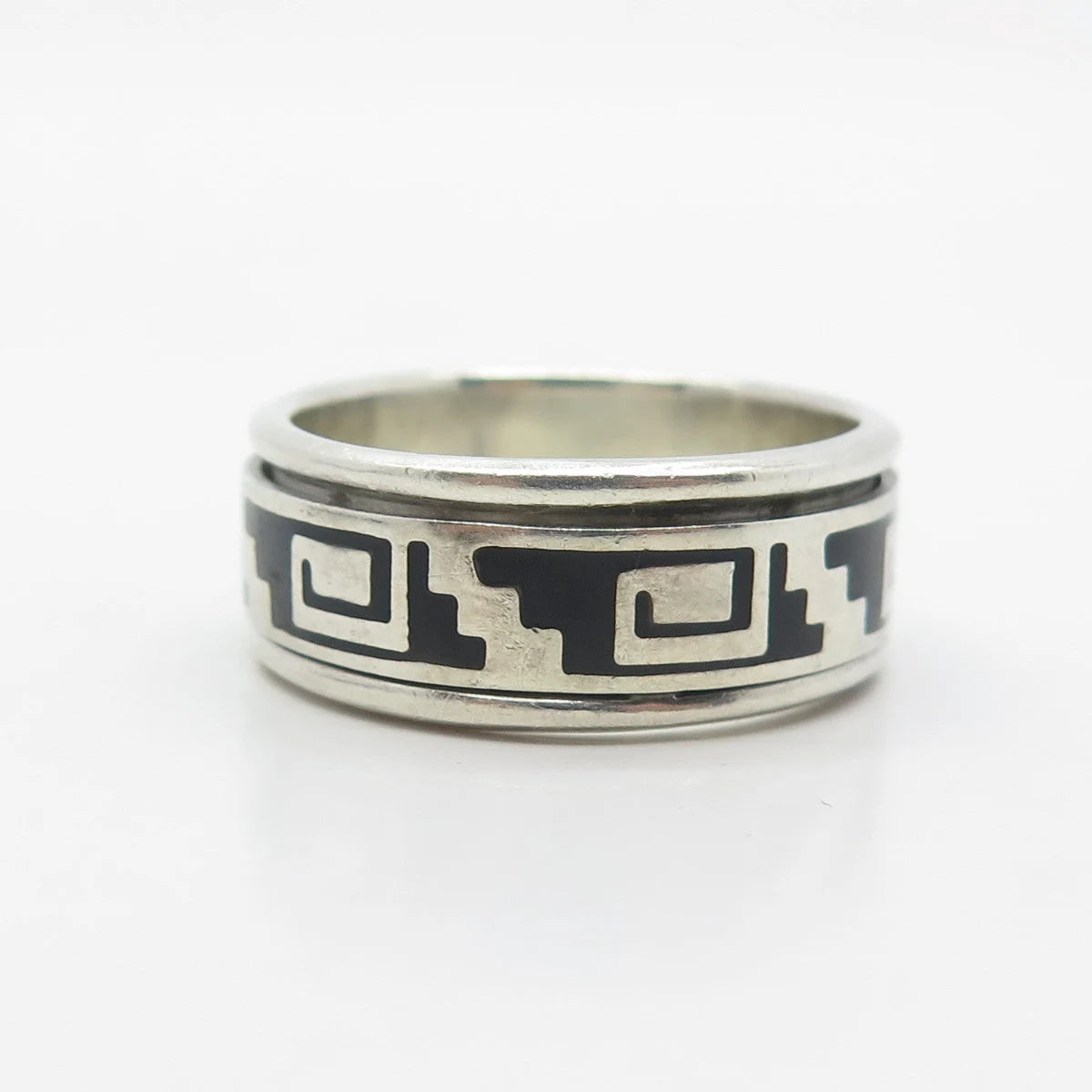 925 Sterling Silver Vintage Mexico Enamel Maze Movable Band Ring Size 13.25