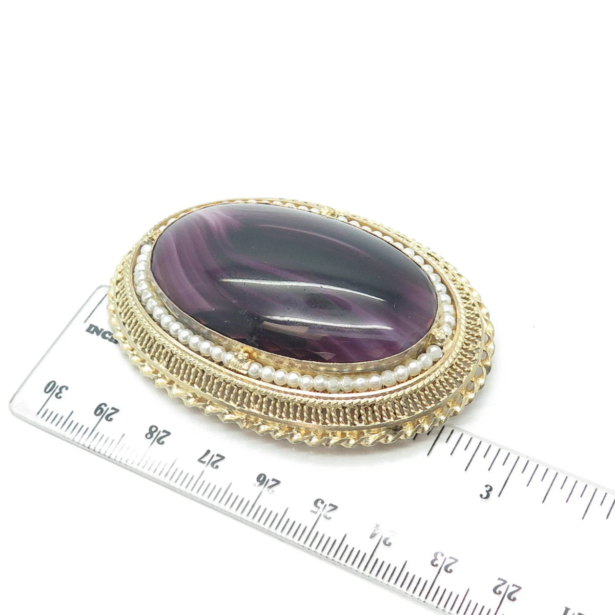 925 Sterling Silver Gold Plated Vintage Real Pearl & Lavender Glass Pin Brooch