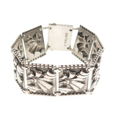 925 Sterling Silver Antique Art Deco Floral Oxidized Panel Link Bracelet 6.25"