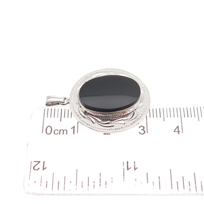 925 Sterling Silver Vintage Real Black Onyx Engraved Floral Charm Pendant
