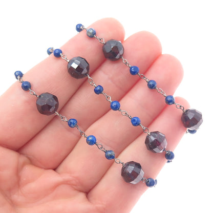 925 Sterling Silver Vintage Real Red Garnet & Lapis Beaded Chain Necklace 18"