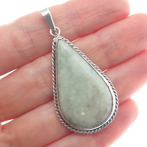 925 Sterling Silver Vintage Real Jade Gemstone Roped Bezel Teardrop Pendant
