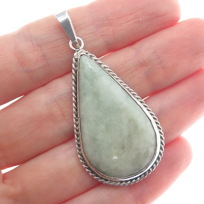 925 Sterling Silver Vintage Real Jade Gemstone Roped Bezel Teardrop Pendant