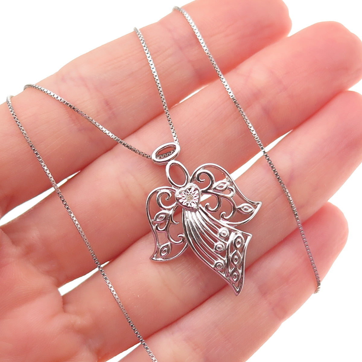 925 Sterling Silver Real Round-Cut Diamond Angel Box Chain Necklace 18"
