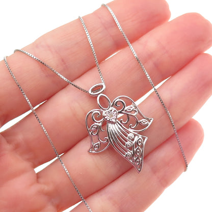 925 Sterling Silver Real Round-Cut Diamond Angel Box Chain Necklace 18"