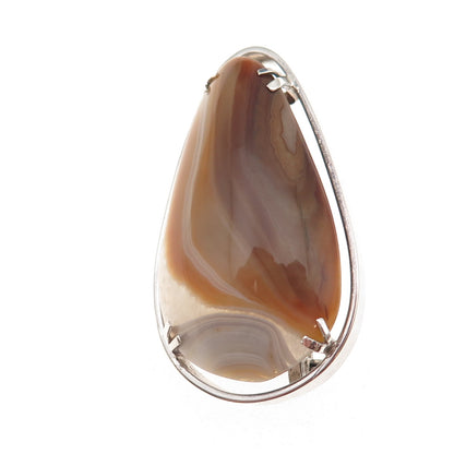 930 Silver Vintage Israel Real Agate Modernist Oxidized Pin Brooch / Pendant