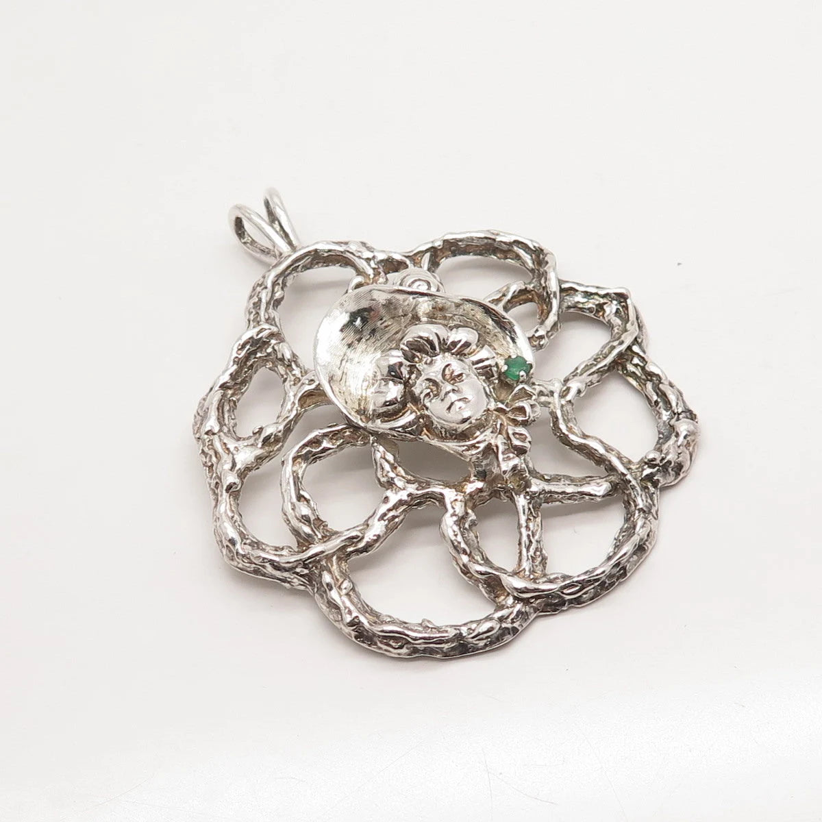 925 Sterling Silver Antique Real Emerald Gem Lady in Hat Floral Pin Brooch