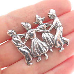 LANG 925 Sterling Silver Vintage Dutch Folklore Dance Scene Oxidized Pin Brooch