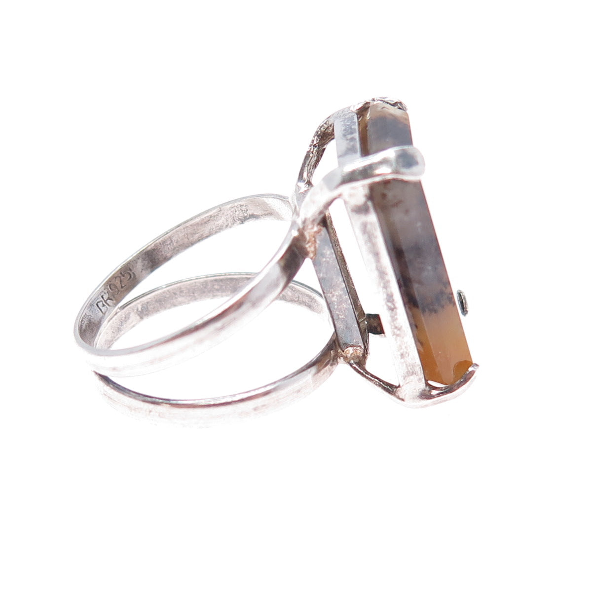 925 Sterling Silver Vintage Real Dendritic Agate Modernist Ring Size 6.5