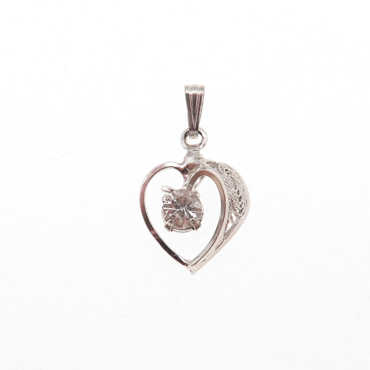925 Sterling Silver Antique Art Deco Rhinestone Heart Filigree Charm Pendant