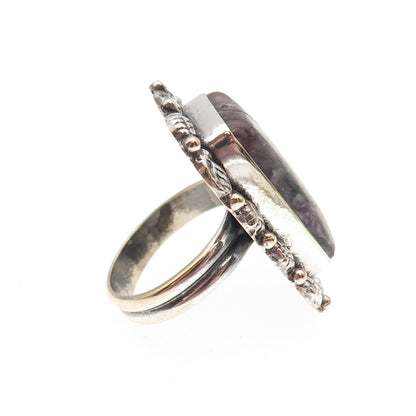 925 Sterling Silver Vintage Real Sugilite Modernist Oxidized Ring Size 8.75