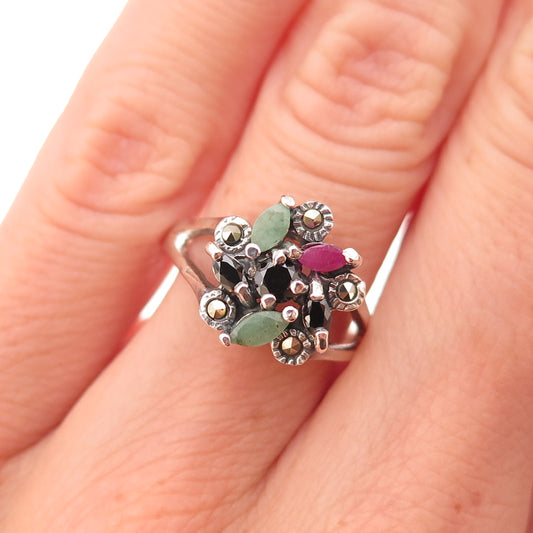 925 Sterling Silver Vintage Real Emerald Ruby Black Spinel Marcasite Ring Size 6