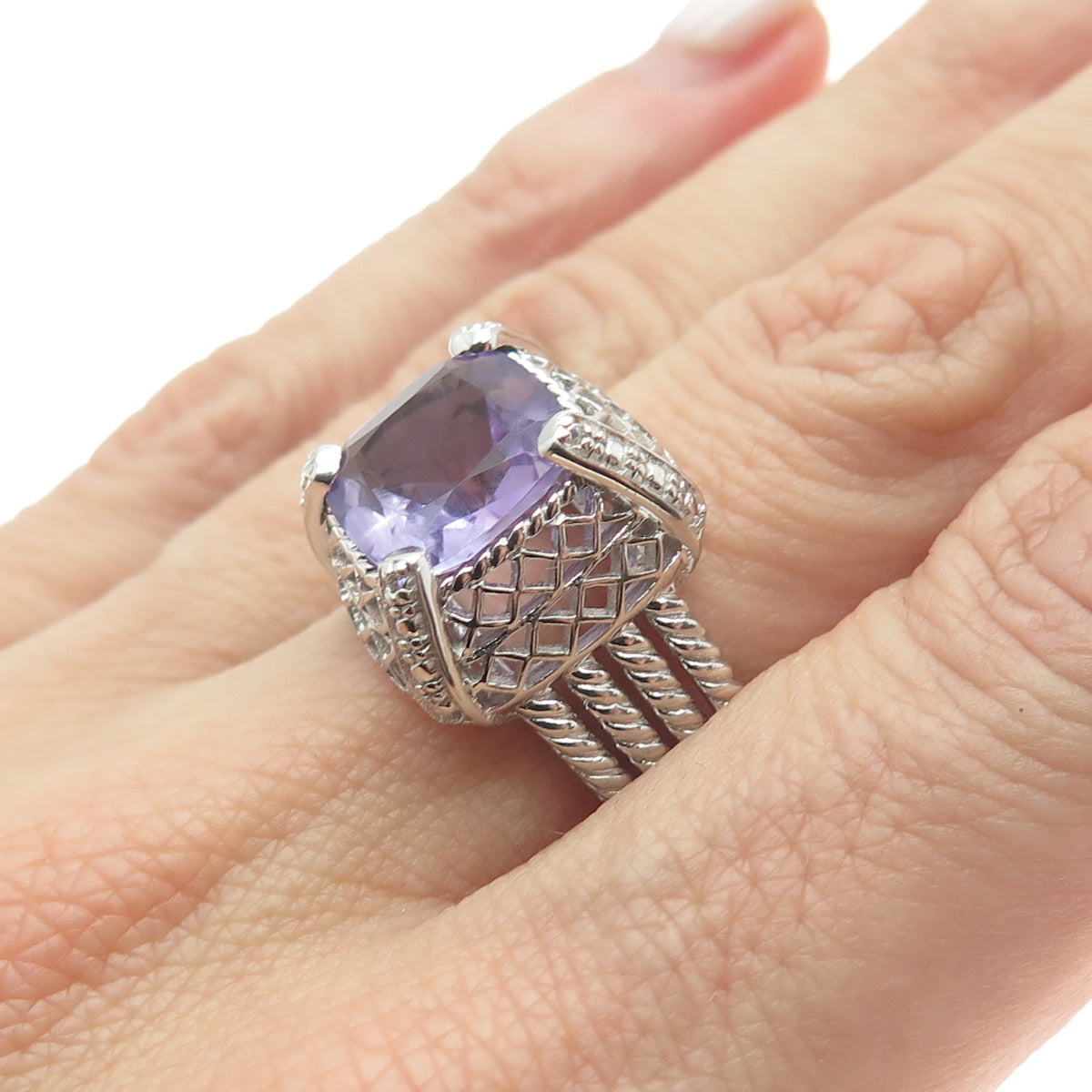 925 Sterling Silver Real Cushion-Cut Amethyst & White Topaz Ring Size 7