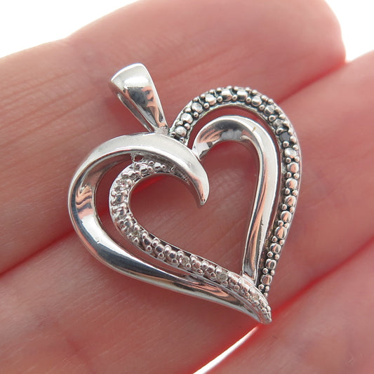 SUN 925 Sterling Silver Real Diamond Accent Double Heart Minimalist Pendant