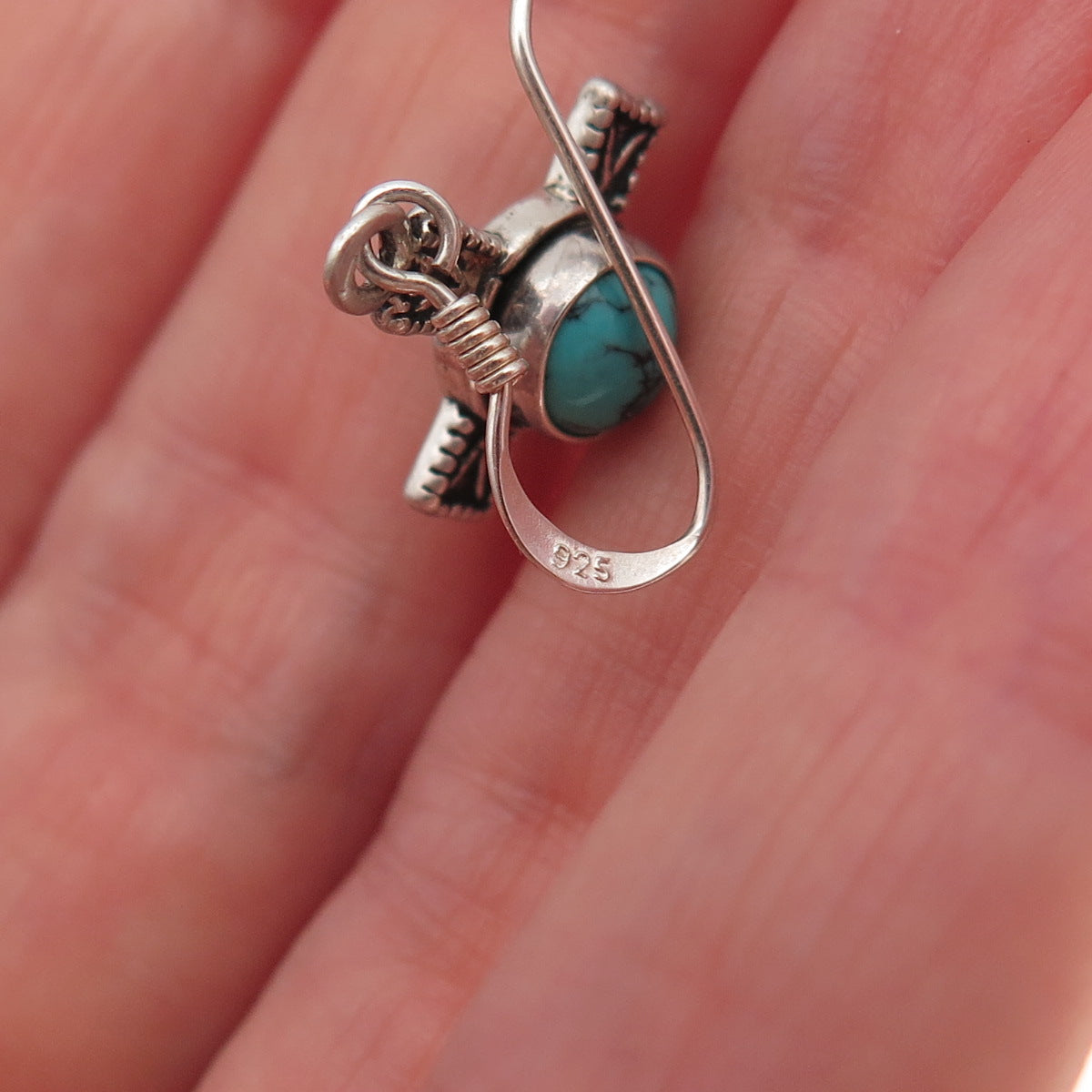 925 Sterling Silver Vintage Real Turquoise Cross Oxidized Dangle Earrings