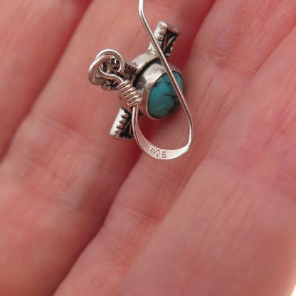 925 Sterling Silver Vintage Real Turquoise Cross Oxidized Dangle Earrings