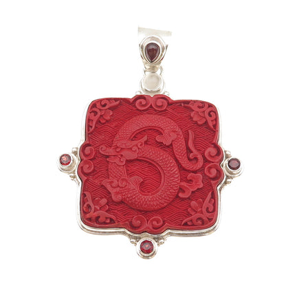 Sajen 925 Sterling Silver Vintage Real Cinnabar Garnet Moonstone Dragon Pendant