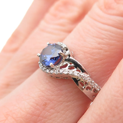 925 Sterling Silver Round-Cut Blue & White C Z Ring Size 7.25