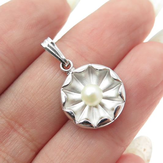 THEDA 925 Sterling Silver Vintage Real Pearl Floral Round Minimalist Pendant