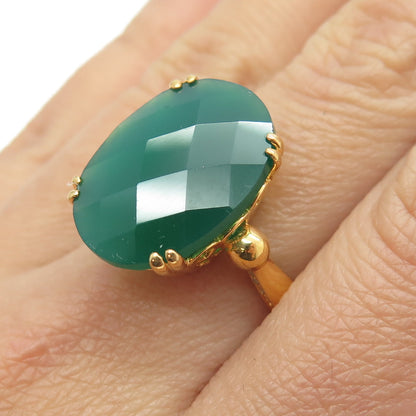 925 Sterling Silver Gold Plated Real Green Onyx Gemstone & C Z Ring Size 8