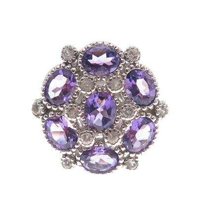 925 Sterling Silver Real Amethyst & White Topaz Gem Cluster Ring Size 7.25
