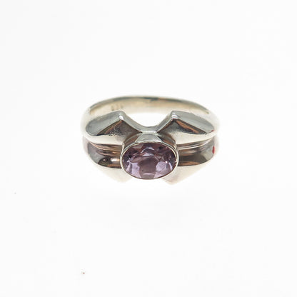 925 Sterling Silver Vintage Real Amethyst Modernist Ring Size 6.5