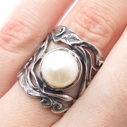 DIDAE Sterling Silver Vintage Israel Real Pearl Modernist Oxidized Ring Size 7