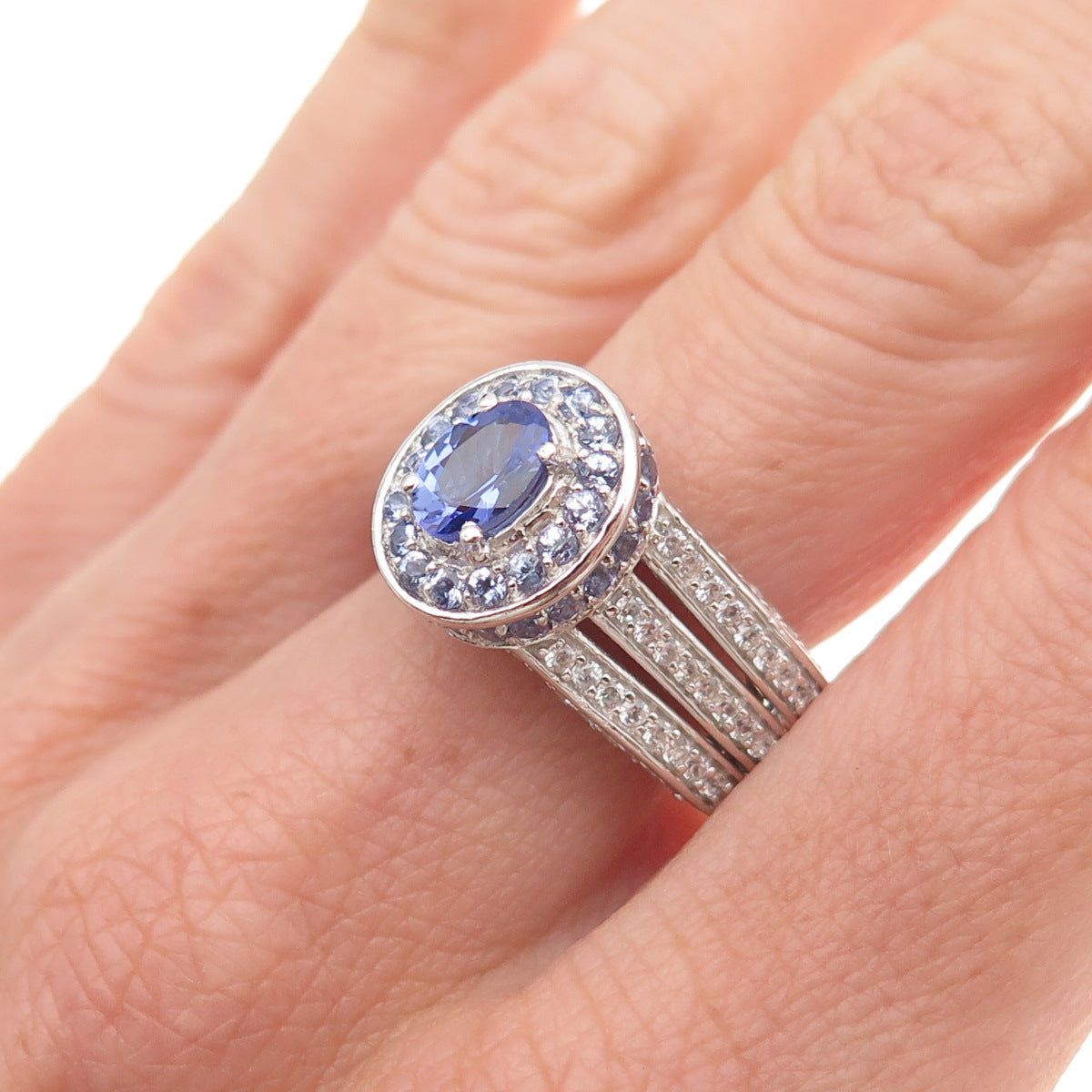 Chuck Clemency 925 Sterling Silver Real Tanzanite & White Topaz Ring Size 8.25