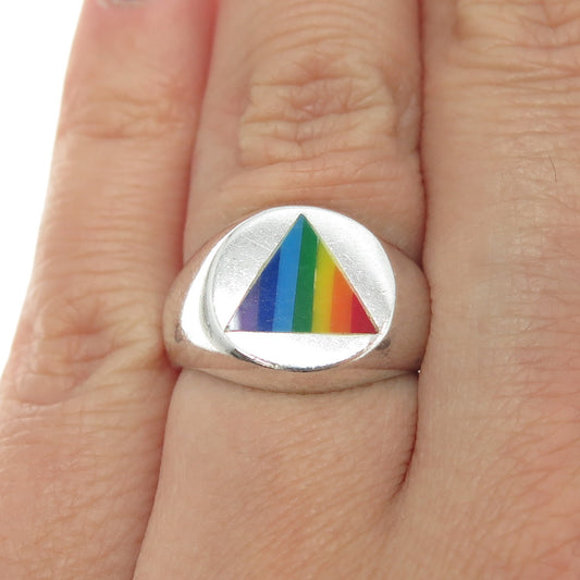 925 Sterling Silver Vintage Rainbow Enamel "Happy Pride" Signet Ring Size 6