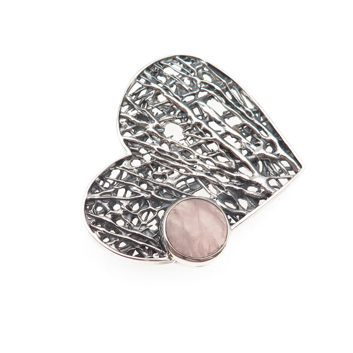 925 Sterling Vintage Real Rose Quartz Modernist Heart Oxidized Slide Pendant