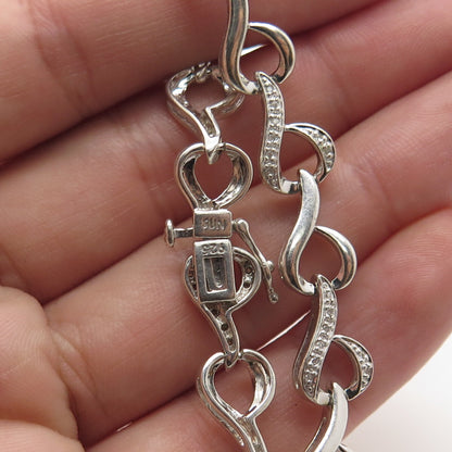 SUN 925 Sterling Silver Real Round-Cut Diamond Heart Link Bracelet 7.25"
