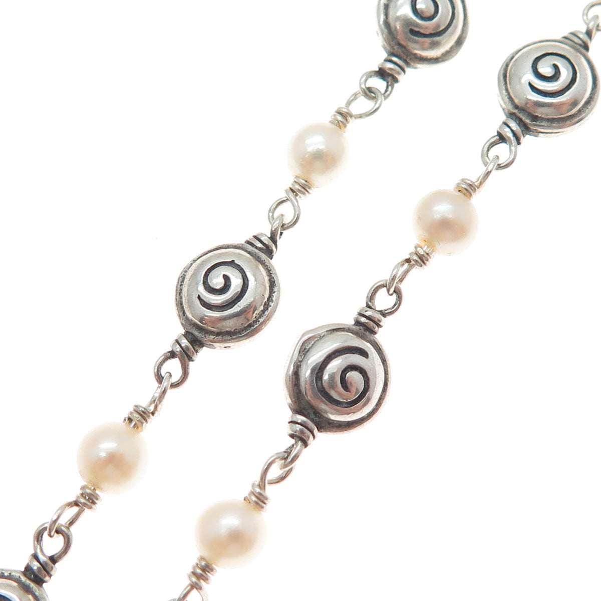 925 Sterling Silver Vintage Real Pearl Spiral Beaded Chain Necklace 16"