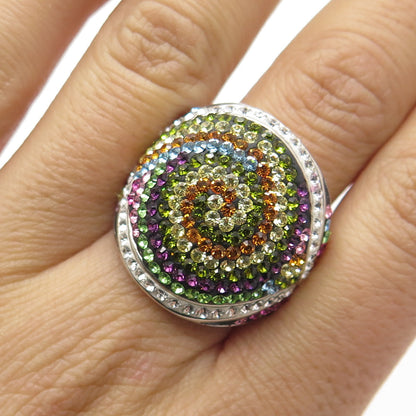 925 Sterling Silver Multi-Color Rhinestone Domed Ring Size 7.75