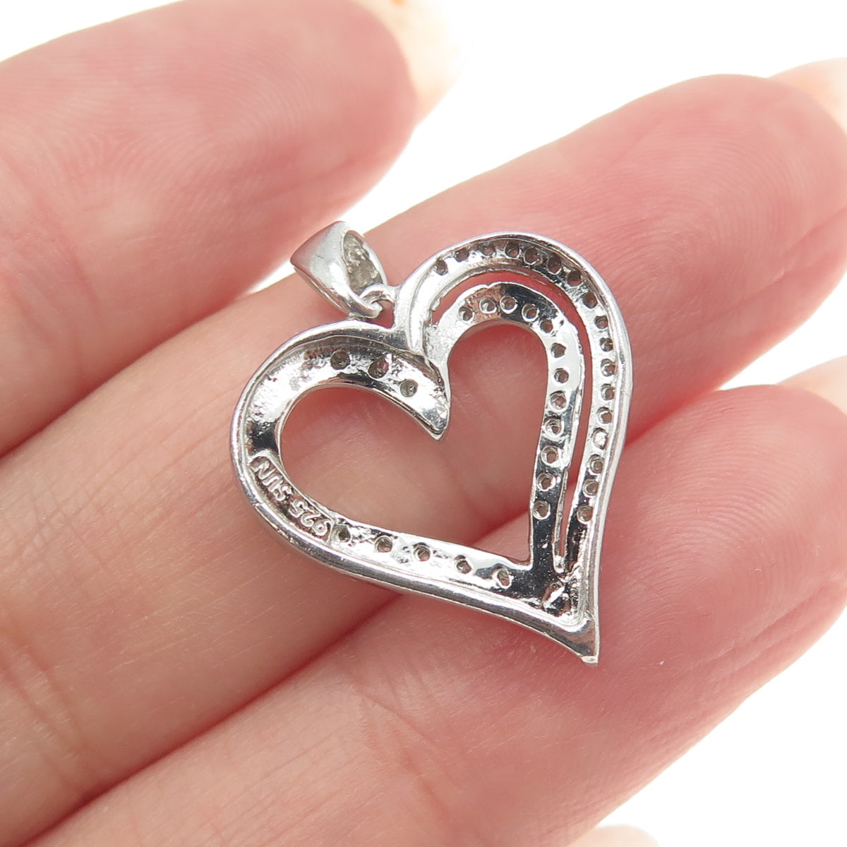 SUN 925 Sterling Silver Real Round-Cut Diamond Open Heart Pendant