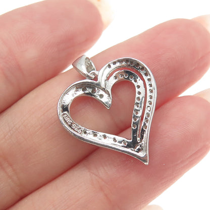 SUN 925 Sterling Silver Real Round-Cut Diamond Open Heart Pendant