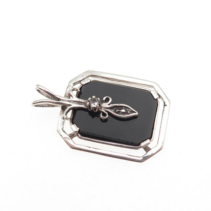 925 Sterling Silver Vintage Real Black Onyx & C Z Oxidized Charm Pendant