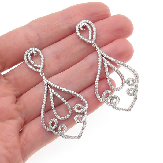 925 Sterling Silver Round-Cut C Z Ornate Dangle Earrings
