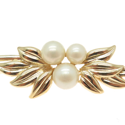 MAJORICA 925 Sterling Silver Gold Plated Vintage Faux Pearl Leaf Pin Brooch